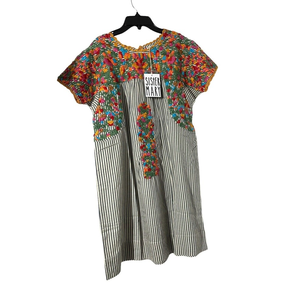 SISTER MARY Stripe MARYLOU Embroidered Floral Dress SMALL‎ boho hippie
